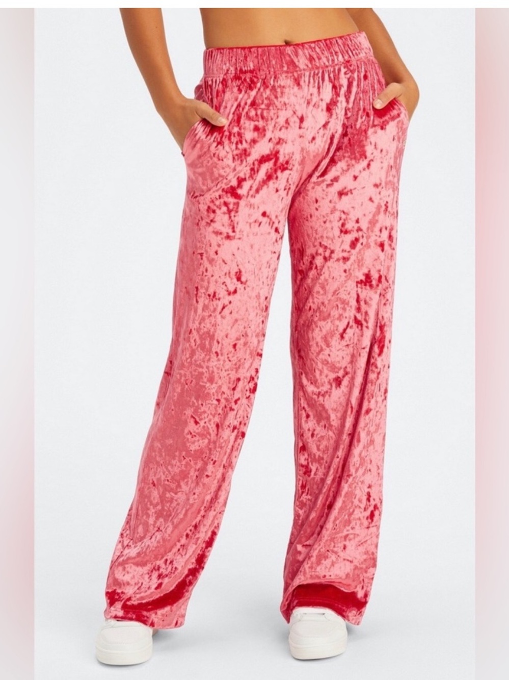 Fabletics Pants Wide Leg Go To Crushed Velour Red Pants Large Velvet Pants NEW